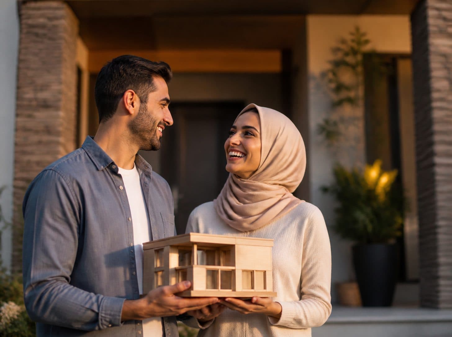 A laughing couple holding a modern wooden model house outside their front door at sunset